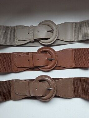 Women's Elastic Circle-Buckle Waist Belts - Cream, Brown, Tan